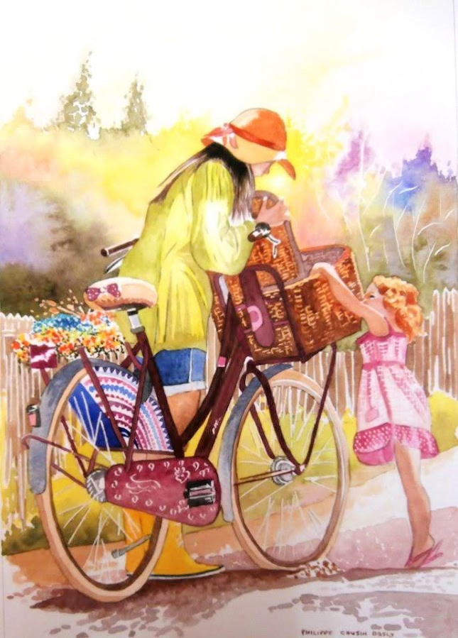 Femme en vélo, avec sa fille