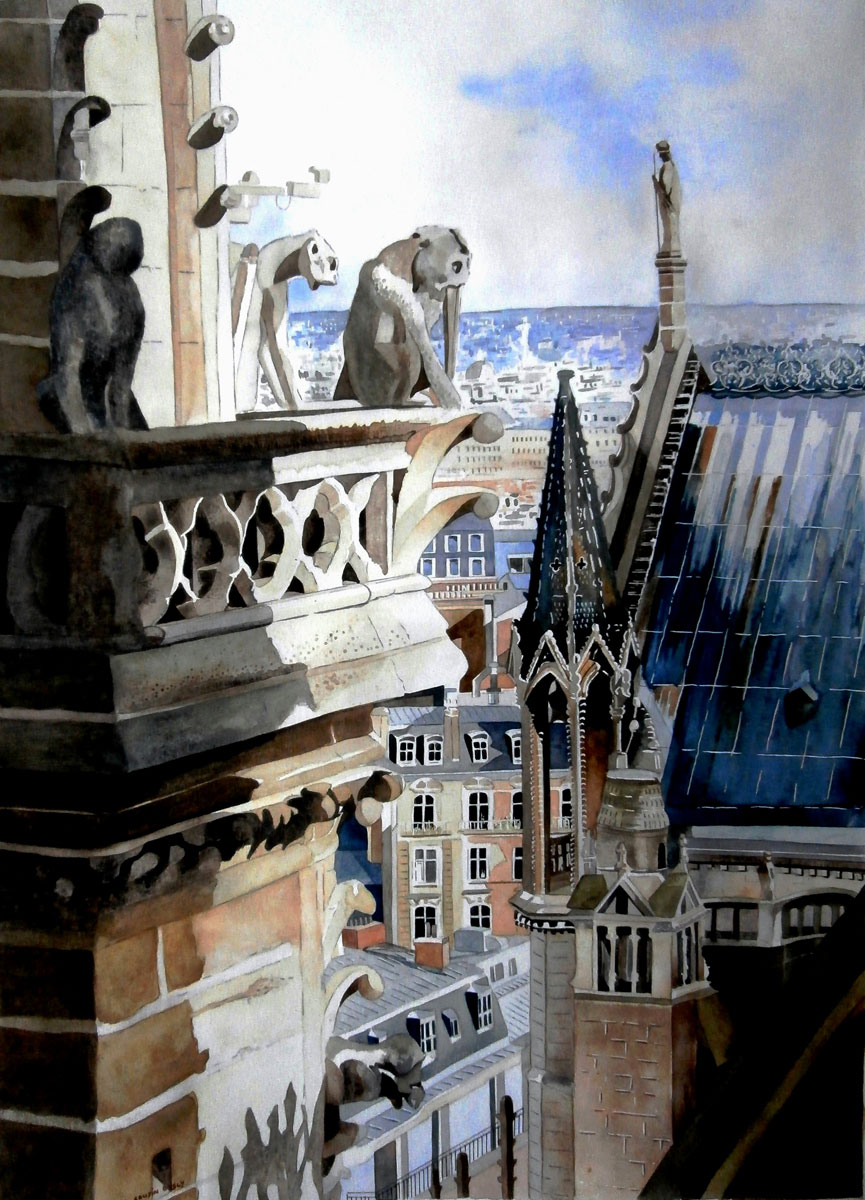 Aquarelle de Philippe Cousin : détail de cathédrale gothique