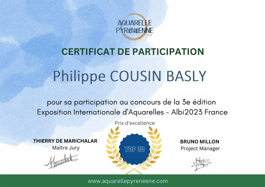 Certificat de participation - Philippe Cousin-Basly - Exposition Internationale d'Aquarelle - Albi 2023 France
